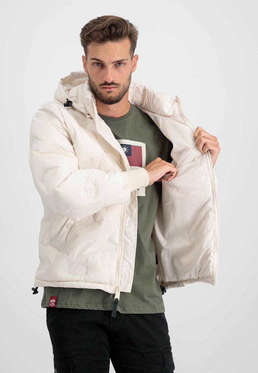 Manner Alpha Industries Oberbekleidung | Pufferjacke Mit Kapuze Und Logo Weis