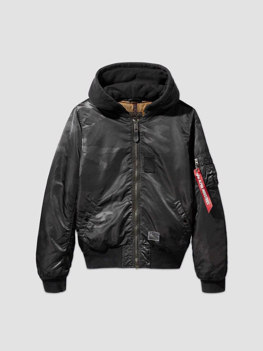 Frauen Alpha Industries Oberbekleidung | Ma-1 Battlewash-Bomberjacke Mit Kapuze Schwarzes Waldtarnmuster